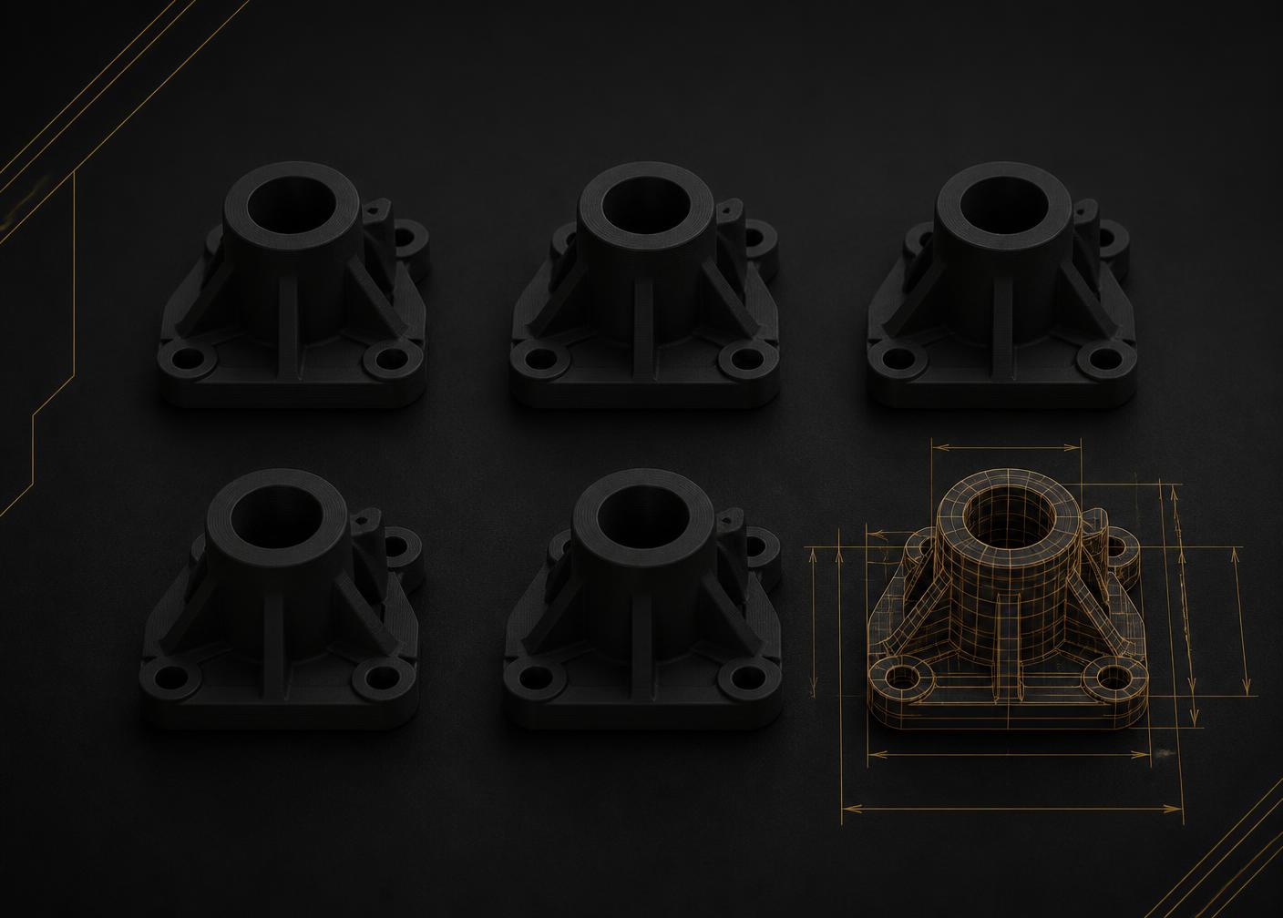 Conjunto de componentes técnicos impressos em 3D organizados em grade, com um deles sobreposto por wireframe dourado e cotas