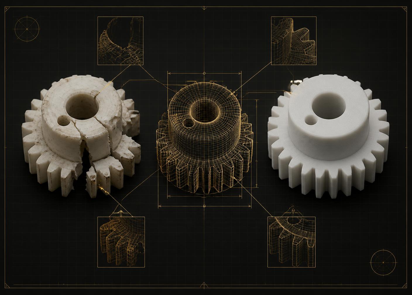Peça quebrada, modelo 3D reconstruído em wireframe e peça de reposição impressa em 3D