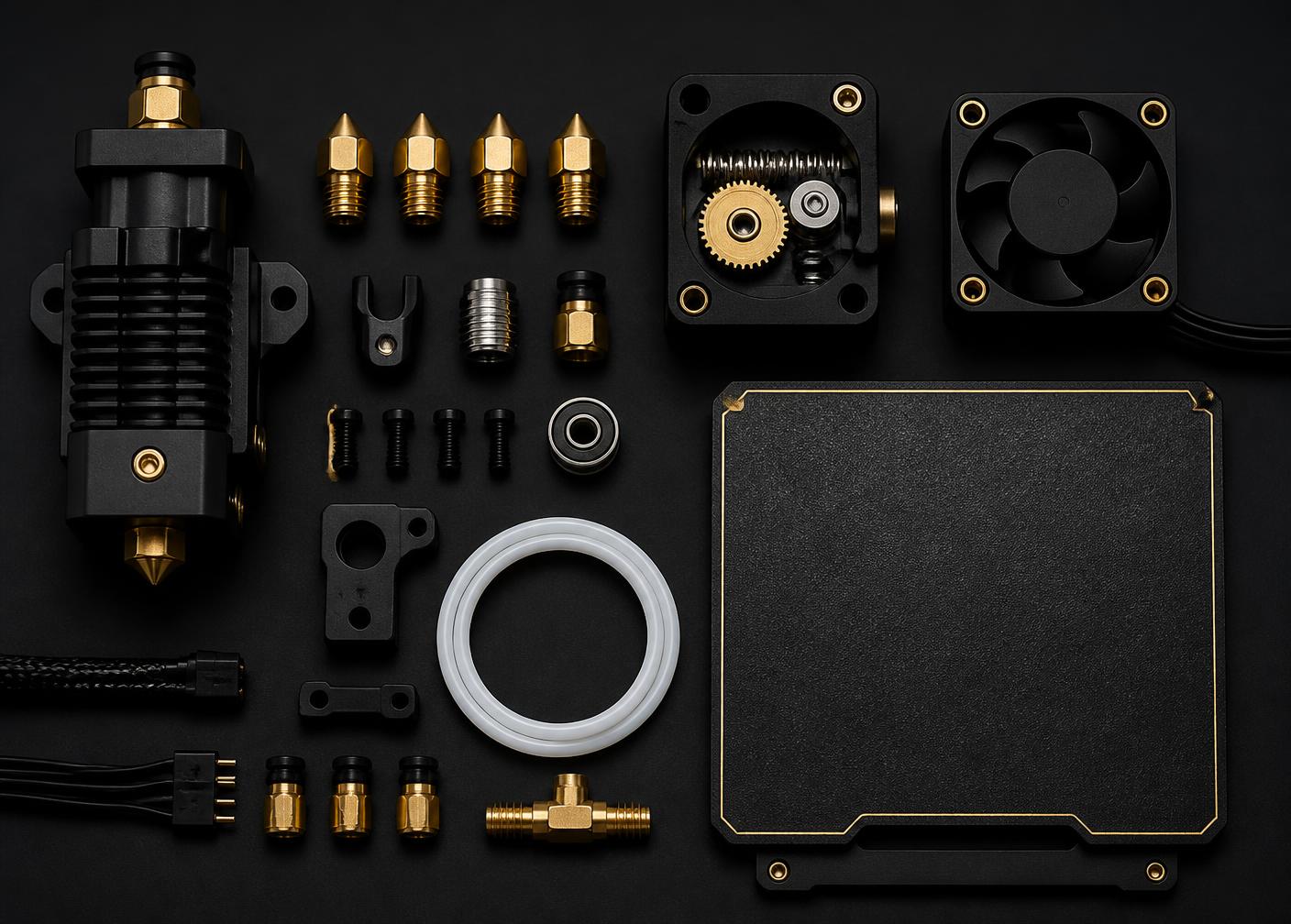 Componentes de impressora 3D: hotend, bicos, engrenagens, sensor, cooler e placa de impressão sobre superfície escura